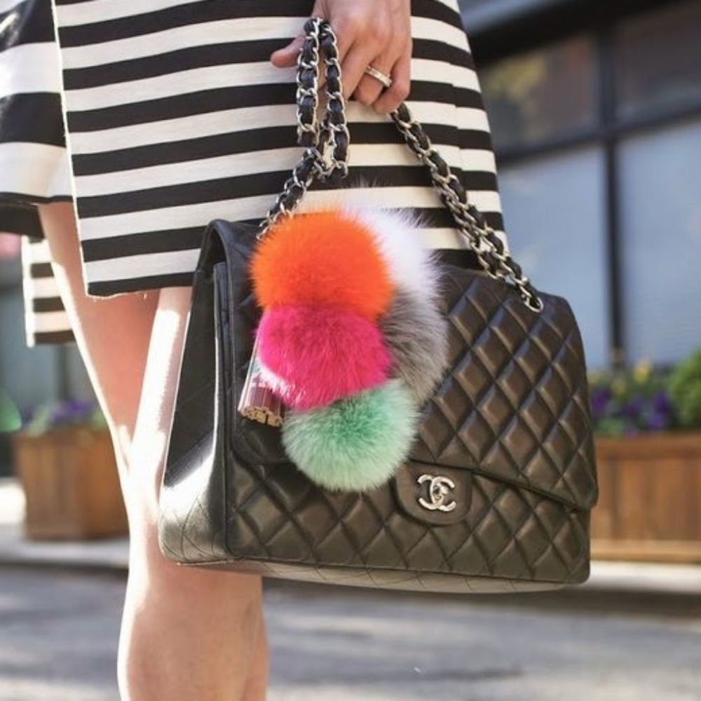 3 Faux Fur Pom Leather Tassel Keychain Bag Charms